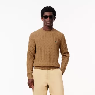 Kabelstrik carded uld sweater med rund hals