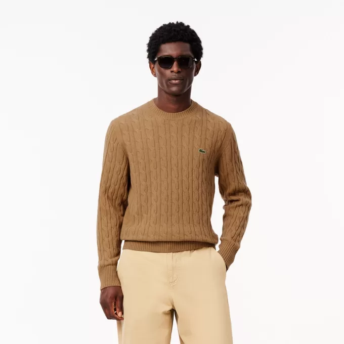 Kabelstrik carded uld sweater med rund hals