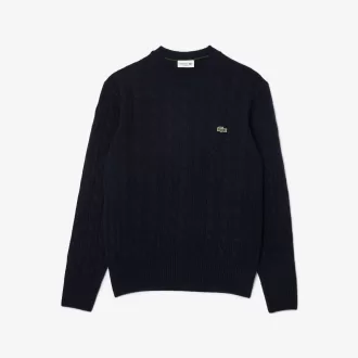 Kabelstrik carded uld sweater med rund hals