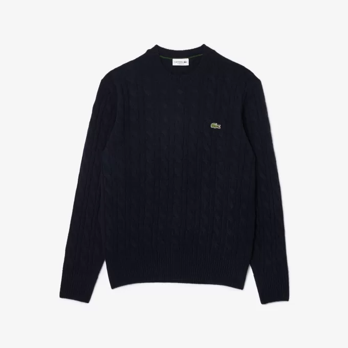 Kabelstrik carded uld sweater med rund hals