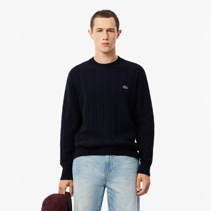 Kabelstrik carded uld sweater med rund hals