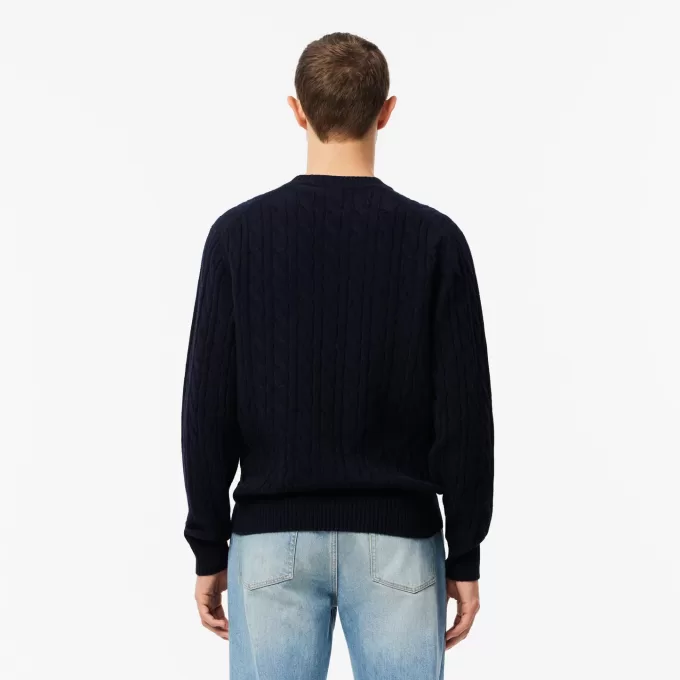 Kabelstrik carded uld sweater med rund hals