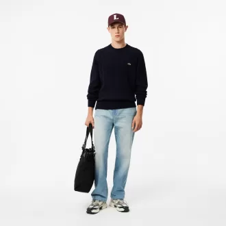 Kabelstrik carded uld sweater med rund hals