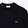 Kabelstrik carded uld sweater med rund hals