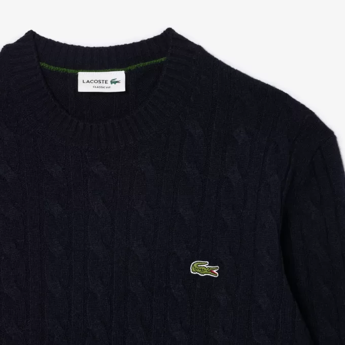 Kabelstrik carded uld sweater med rund hals