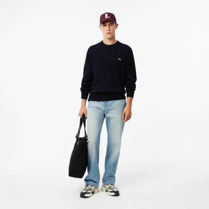 Kabelstrik carded uld sweater med rund hals