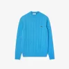 Kabelstrik carded uld sweater med rund hals