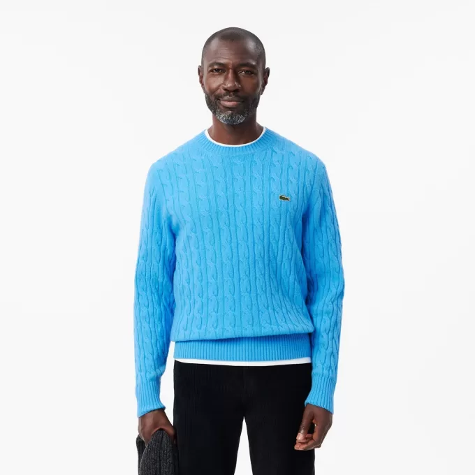 Kabelstrik carded uld sweater med rund hals