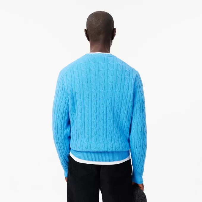 Kabelstrik carded uld sweater med rund hals