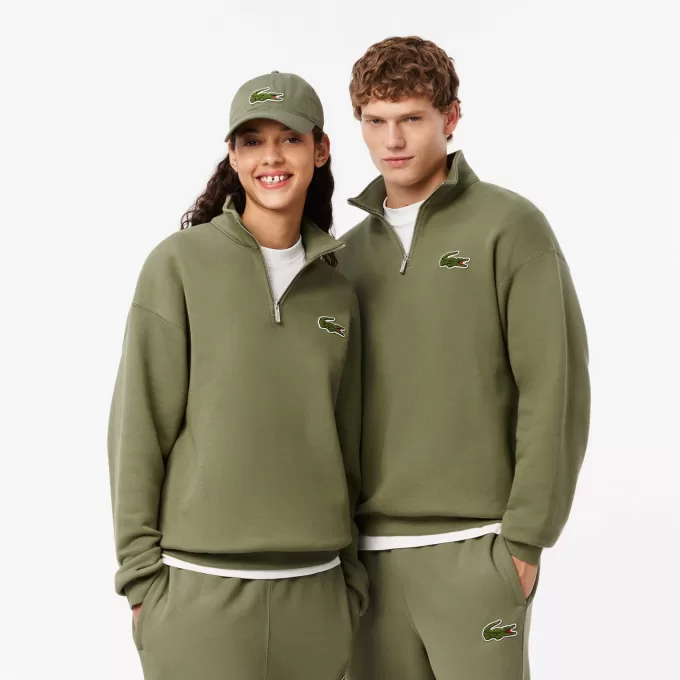 Loose Fit Zip Neck Badge Accent Sweatshirt