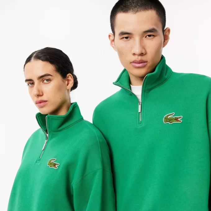 Loose Fit Zip Neck Badge Accent Sweatshirt
