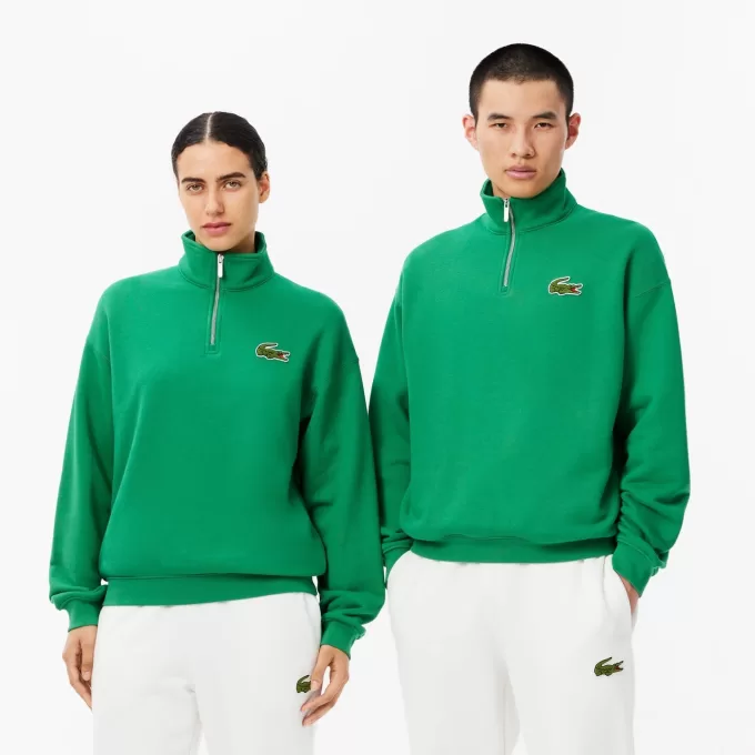 Loose Fit Zip Neck Badge Accent Sweatshirt