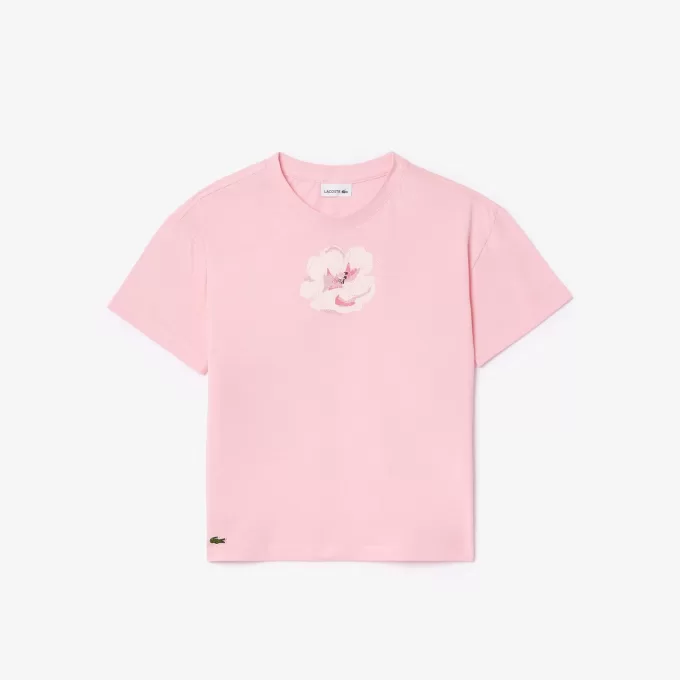 T-shirt med broderet blomster med tryk
