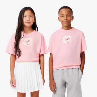 T-shirt med broderet blomster med tryk