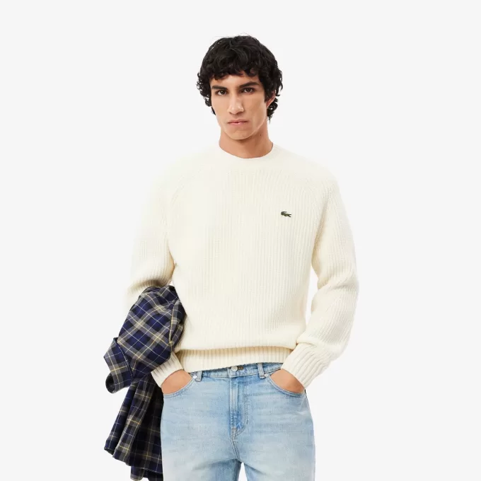 Tyk carded uld sweater med rund hals